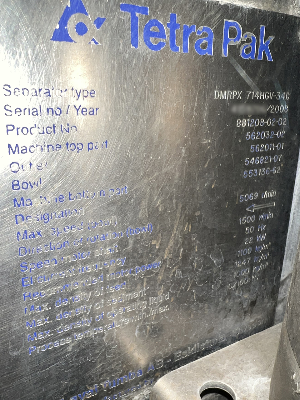 Nameplate of Separator DMRPX714HGV-34C
